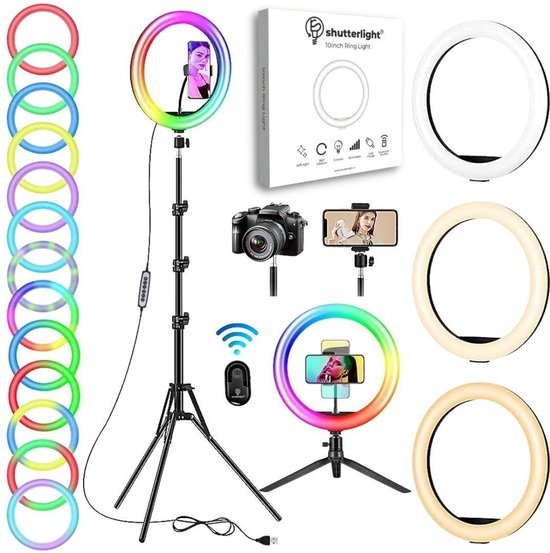 Shutterlight Ringlamp – TikTok Lamp - Ringlamp met Statief - Voor Smartphone & Camera – Studiolamp - Kleur & Witlichten Dimbaar - Ø 26 cm