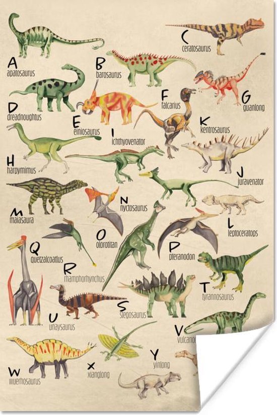 Poster Alfabet - Dino's - Dieren - Kinderkamer - Jongens - Meisjes - Kinderen - Decoratie kinderkamer jongen - 60x90 cm - Sinterklaas Decoratie - Sinterklaas cadeau - Schoencadeautjes - Poster Kinderkamer - Poster Kinderkamer