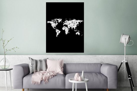 Décoration murale - Carte du Wereldkaart - Plantes - Zwart - 90x120 cm - Affiche