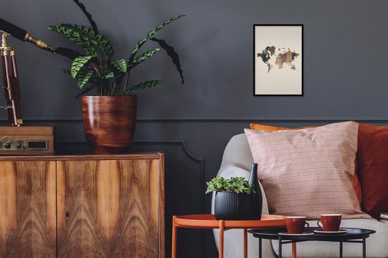 Affiche avec cadre Wereldkaart - Planche de bois - Marron - 20x30 cm