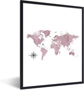 Fotolijst incl. Poster - Wereldkaart - Roze - Reizen - 60x80 cm - Posterlijst