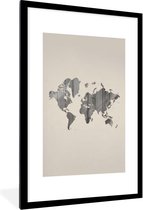 Affiche avec cadre Wereldkaart - Planche de bois - Grijs - 60x90 cm