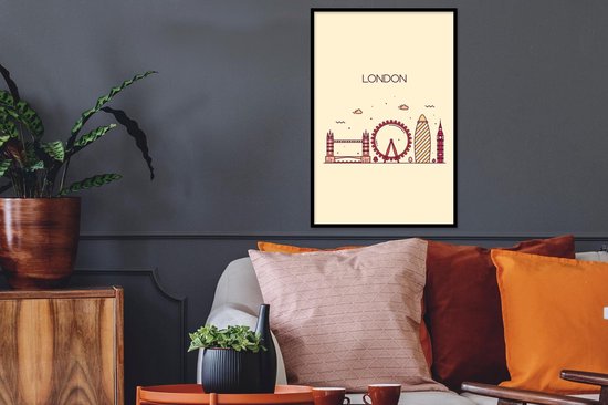 Line art poster van de skyline van Londen in rood en geel op een crème achtergrond.