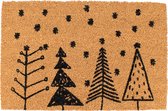 Schoonloopmat - Deurmat - Kerst mat - 60cm x 40cm x 1.5cm (LxBxH) - Bruin met Kerstbomen en Sterren