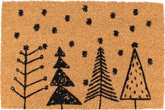 Paillasson - Paillasson - Tapis de Noël - 60cm x 40cm x 1.5cm (LxlxH) - Marron avec des Sapins de Noël et des étoiles