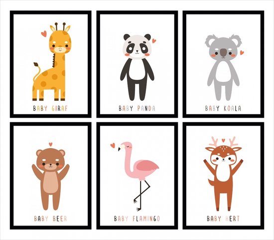 Baby cadeau jongen en meisje - Babykamer Posters - Set van 6 Baby diertjes - A4 formaat 20x30 cm - Kinderposters - Geboorte - Babyshower - Wanddecoratie kinderkamer 1 jaar - 2 jaar - 3 jaar - 4 jaar - 5 jaar - 6 jaar - 7 jaar - Wit