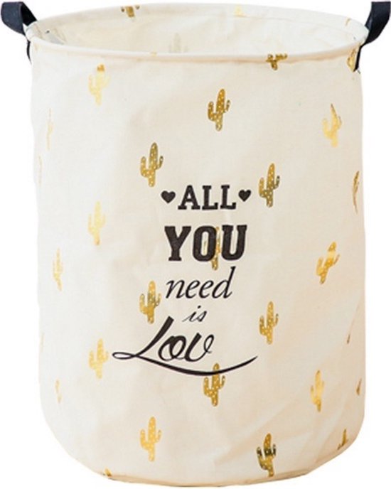Witte opbergmand met gouden cactussen en tekst "ALL YOU need is Love".