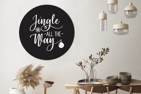 Citation de Noël Jingle tout le chemin sur fond noir Cercle mural aluminium - ⌀ 120 cm - peinture ronde - impression photo sur aluminium / dibond / cercle mural / cercle vivant / cercle de jardin (décoration murale)