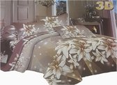 Dekbedovertrek Katoensatijn 200x220 3 delig bruin met sierlijke strepen en stippen met witten mooie bloemen