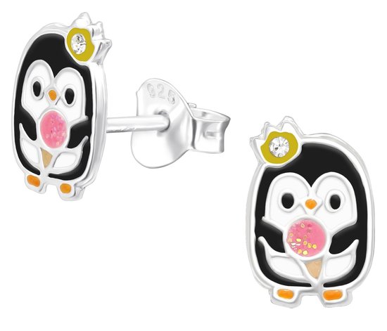 Joy|S - Zilveren pinguïn oorbellen - met een roze glitter ijsje
