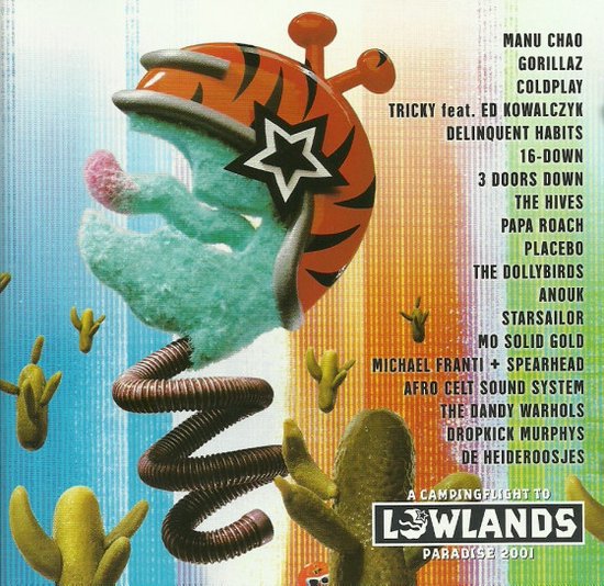 Albumcover met de tekst "A CAMPINGFLIGHT TO LOWLANDS PARADISE 2001" en een lijst met artiesten.