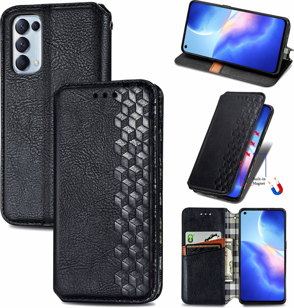 Luxe PU Lederen Ruitpatroon Wallet Case + PMMA Screenprotector voor OPPO Find X3 Lite _ Zwart
