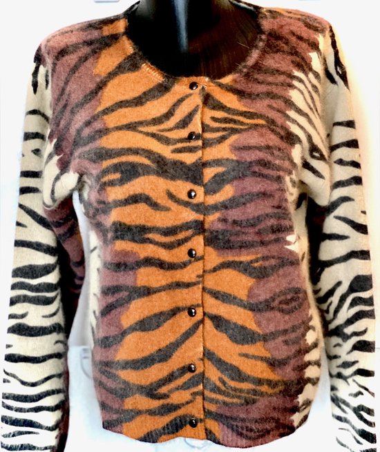Merkloos - Gebreide vest met tijgerprint - Doorlopende knoopsluiting - Wijd model - Beige/Zwart - Maat: