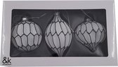 &Klevering asymmetrische kerstballen - 3 - zwart wit - glas