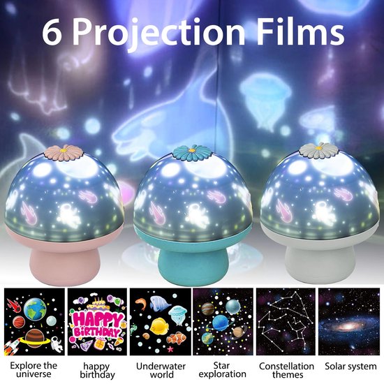 Paddenstoel Nachtlicht Projector - met 6 projection films - 360 ° Roterend Licht - Ocean Wave Projector - Blauw