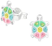 Joy|S - Zilveren schildpad oorbellen - 6 x 9 mm - kristal multicolor - kinderoorbellen