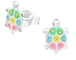 foto van Joy|S - Zilveren schildpad oorbellen - 6 x 9 mm - kristal multicolor - kinderoorbellen
