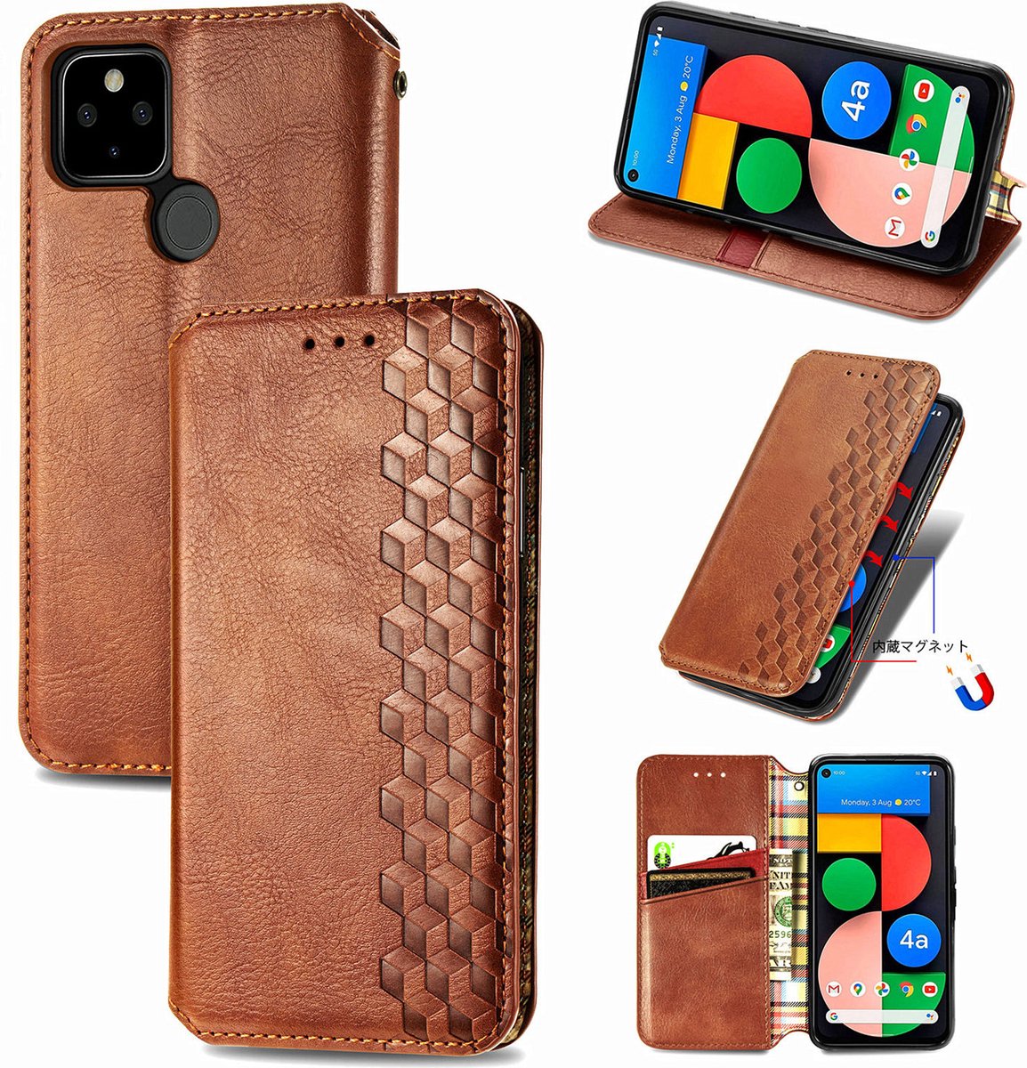 Luxe PU Lederen Ruitpatroon Wallet Case + Glas Screenprotector voor Google Pixel 5 _ Bruin