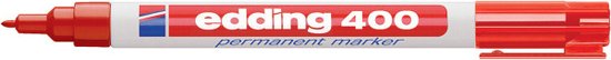 Rode edding 400 permanente marker met witte behuizing en blauwe accenten.