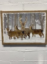 Schilderij Herten met gewei - op jute doek - winter - 35x25x1.5cm - MDF frame - met ophangsysteem