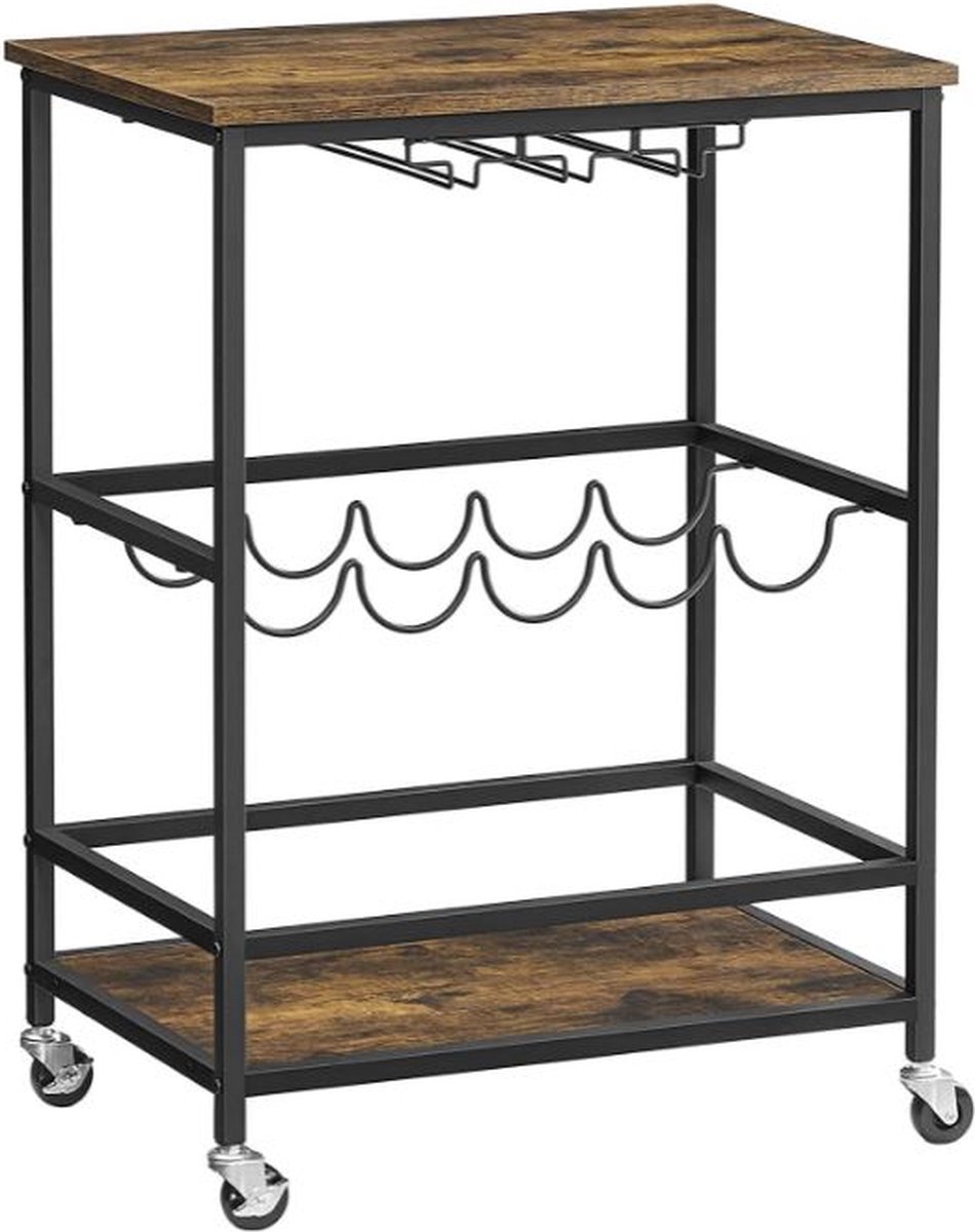 MIRA Home - Serveerwagen - Barwagen - Industrieel - Staal en Hout - Zwart en Vintage bruin - 60 x 40 x 75 cm