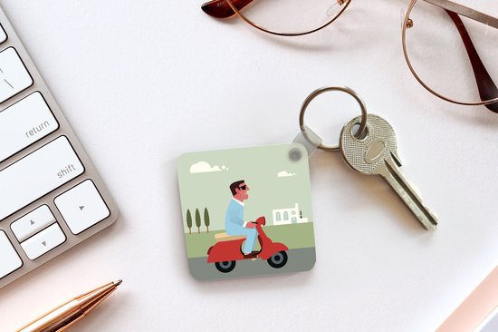 Porte-clés Illustration Vespa - Illustration d'un homme sur un porte-clés Vespa rouge en plastique - Porte-clés carré avec photo