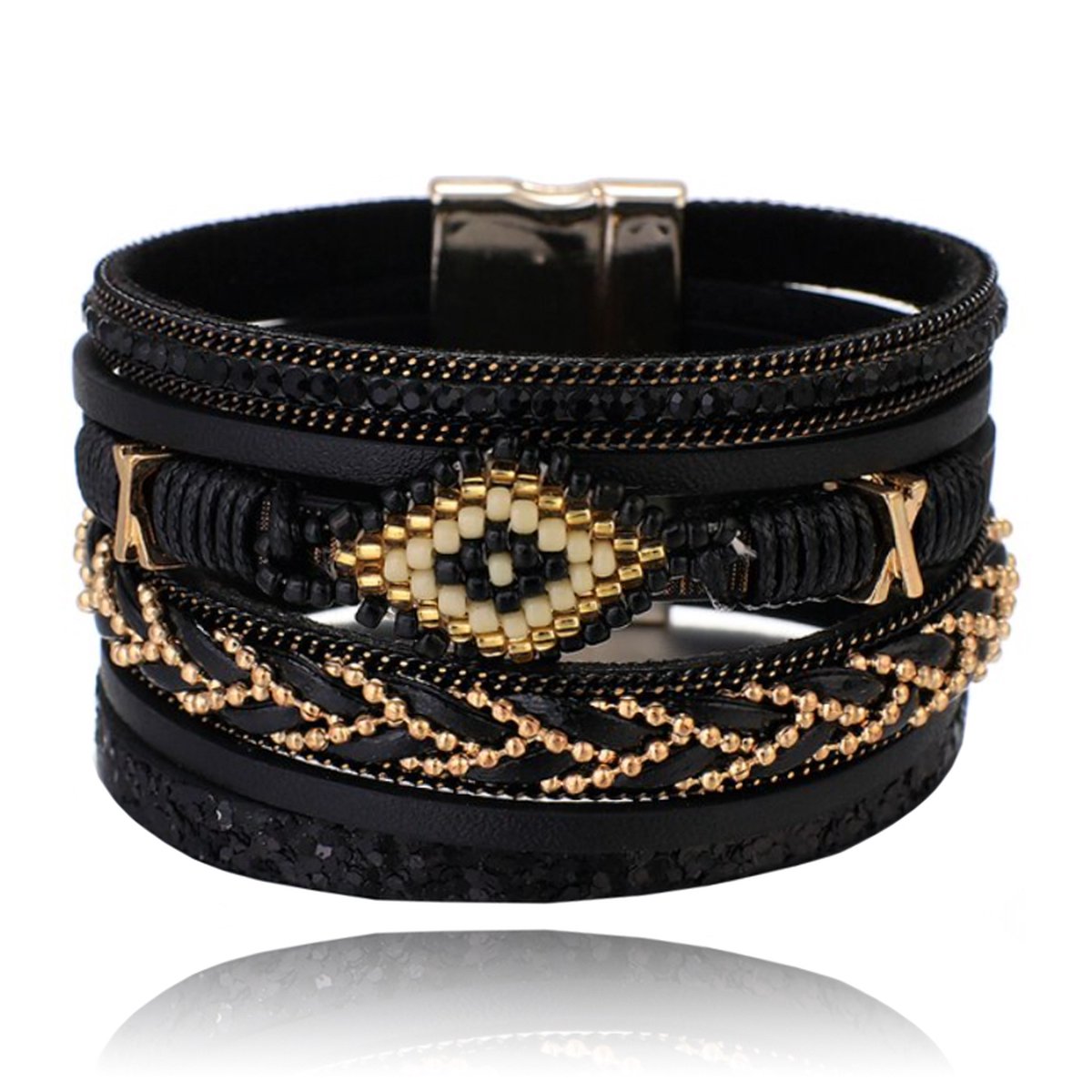 Zwarte dames armband met kristal en goudkleurige details