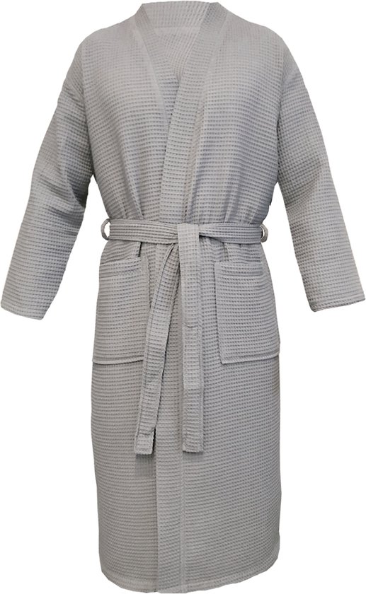 HOMELEVEL Piqué Badjas Reizen Badjas 100% katoen voor vrouwen en mannen aankleden toga Kimono Saunarobe Reizen aankleden toga Piquee Wafel Piqué Vrouwen Mannen Grijs Maat M