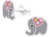 Joy|S - Zilveren olifant oorbellen - 8 x 7 mm - grijs met roze hartje - kristal