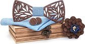 DWIH - houten Vlinderdas - Vlinderstrik van hout - houten manchetknopen - Pochette -houten Reverse - licht blauwe spijkerstof