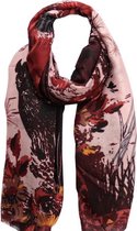 Dames sjaal lang met vogel/verenprint 190cm/92cm donkerrood