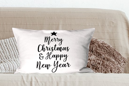 Sierkussens - Kussentjes Woonkamer - 60x40 cm - Kerst quote "Merry Christmas & Happy New Year" tegen een witte achtergrond - Kerstversiering - Kerstdecoratie voor binnen - Woonkamer