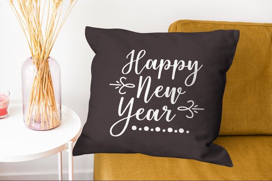 Sierkussen décoratif Citations du Nouvel An pour l'intérieur - Citation du Nouvel An ``Happy année '' - décoration murale noir - 60x60 cm - coussin intérieur carré en coton