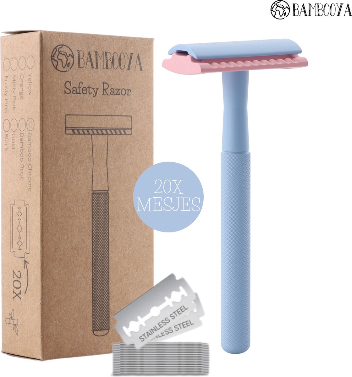Bambooya Safety Razor + 20 scheermesjes - Scheermesjes voor vrouwen dames - Frosty Pink - Double Edge Single Blade - Zero Waste - Duurzaam Scheermesje