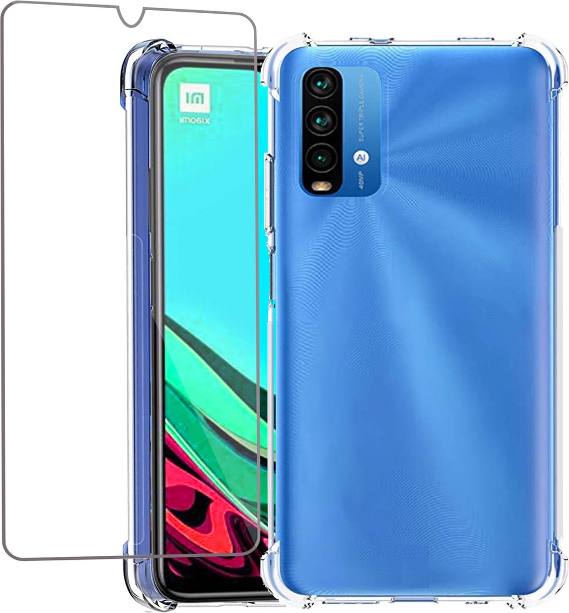 Hoesje geschikt voor Xiaomi Redmi 9T - Case Transparant + Screenprotector Beschermglas