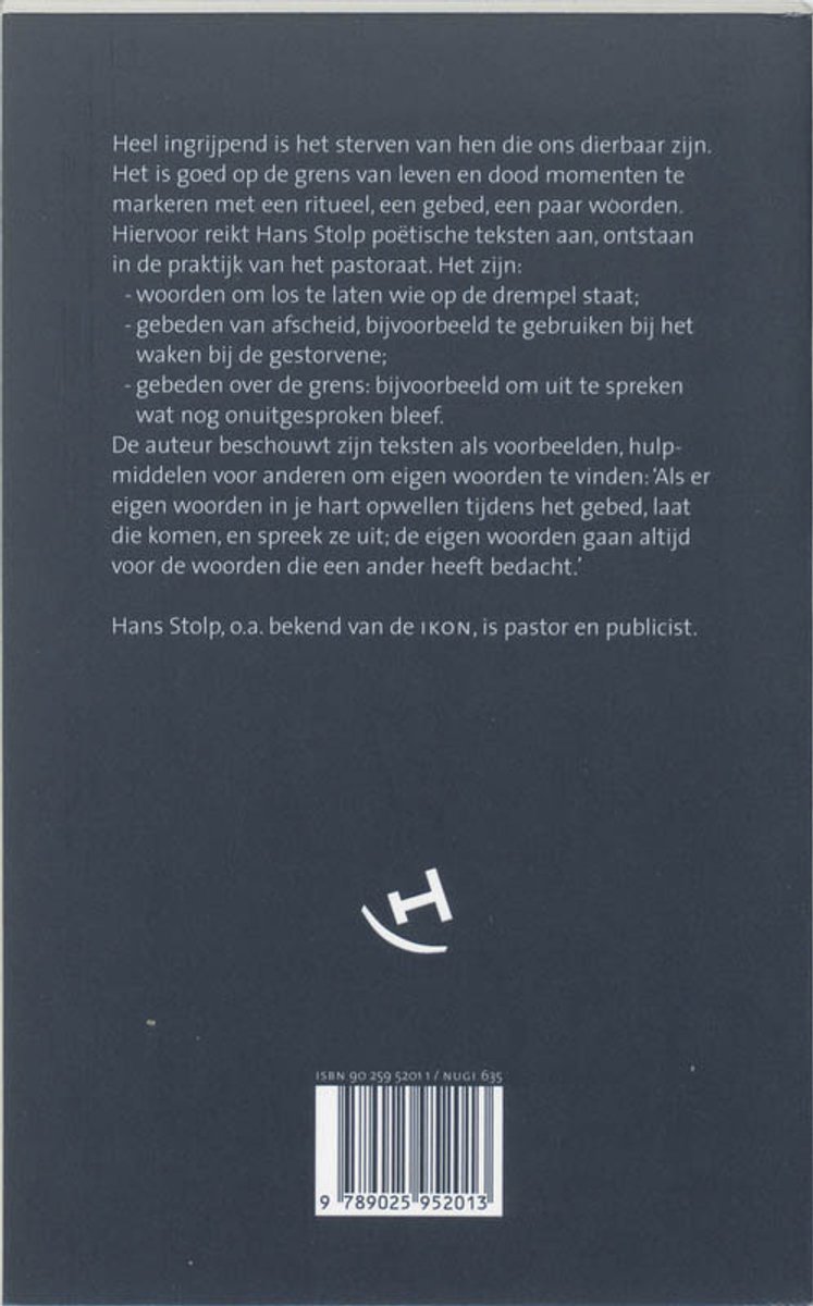 Donkerblauwe achterkant van een boek met witte tekst. In het midden een gestileerd H-logo. Onderin ISBN-nummer en barcode.