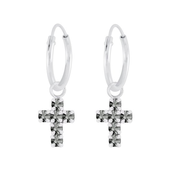 Joy|S - Zilveren kruisje bedel oorbellen - oorringen - kristal antraciet