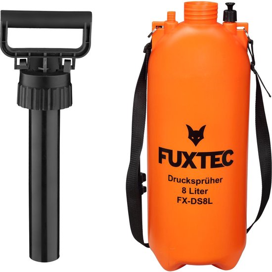 Oranje FUXTEC 8 liter drukspuit met zwarte handgreep, spuitlans en draagband.