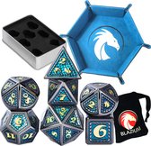 DnD Metal dice set XL Deluxe V2 - Inclusief Dice Tray & Metal Case & Dice Bag – Obsidian Blue - Dungeons and Dragons metalen dobbelstenen