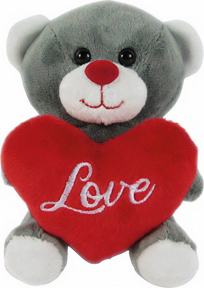Knuffelbeer - Met Hart - 12 cm - Grijs/rood - valentijn liefde