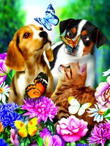 legpuzzel - honden, katten en vlinders tussen de bloemen-  300 XL stukjes