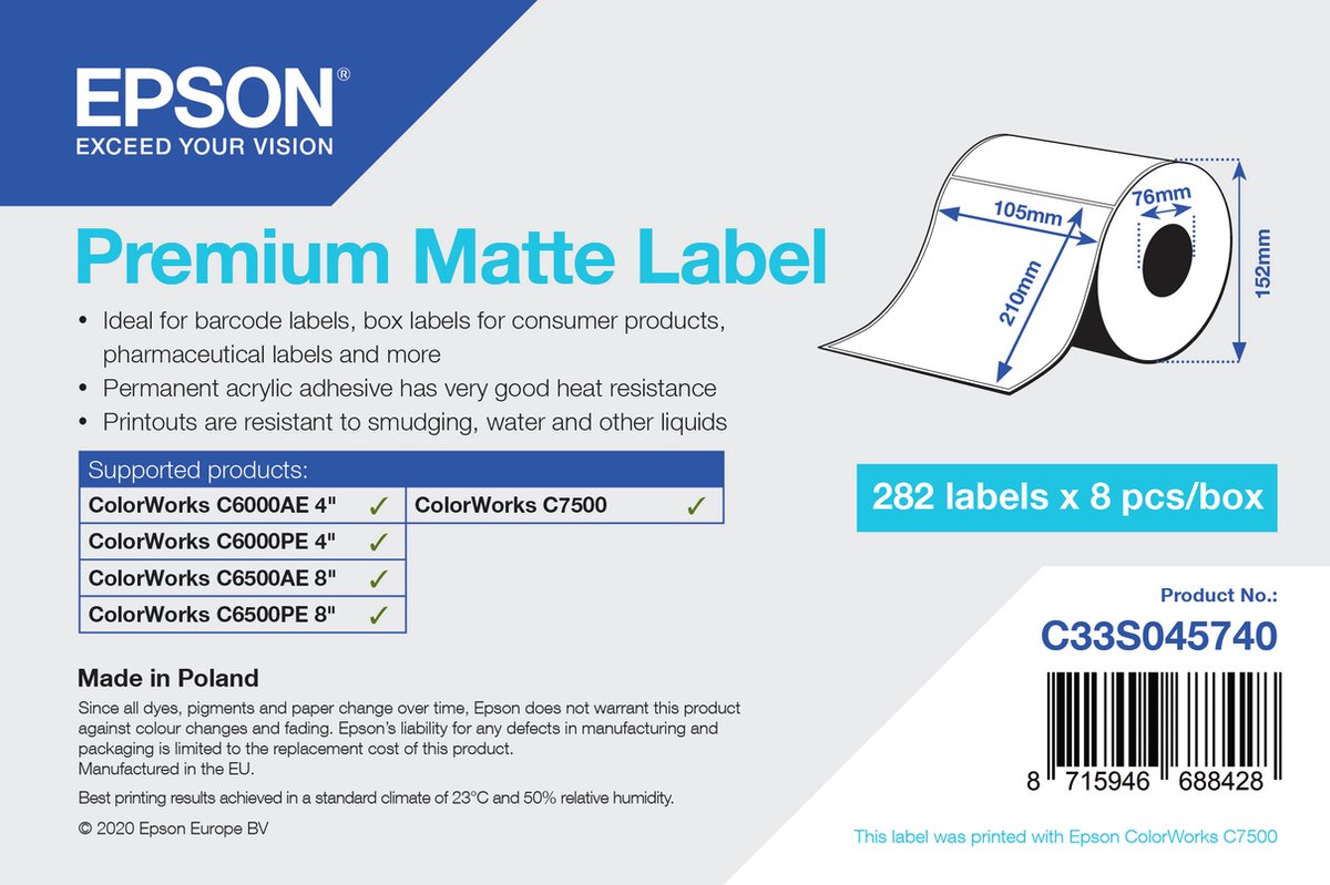 Epson Premium Matte Label - Die-Cut Roll: 105mm x 210mm, 282 labels