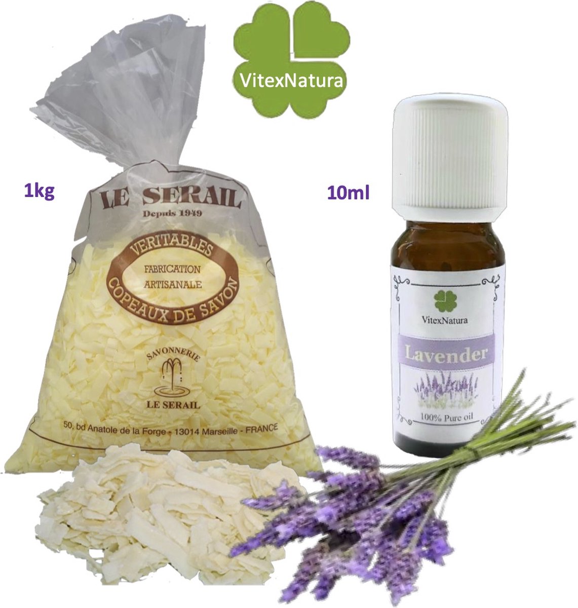 Goedkoopste Zuivere zeep vlokken naturel 1 kg | Etherische Lavendel Olie VitexNatura 10ml