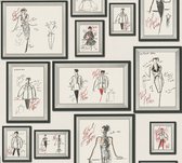AS Creation Karl Lagerfeld - Mode Schets Collage behang - Avantgarde Ontwerp "Sketch" - wit zwart rood grijs - 1005 x 53 cm