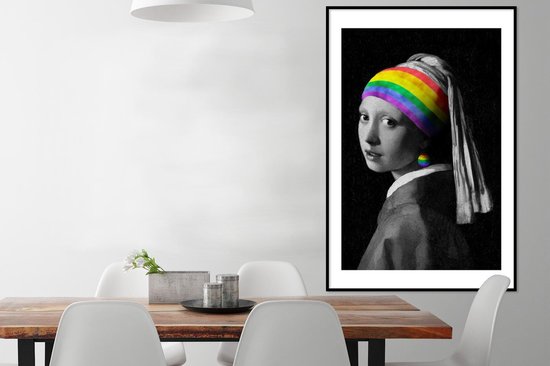 Fotolijst incl. Poster - Meisje met de parel - Regenboog - Vermeer - 80x120 cm - Posterlijst