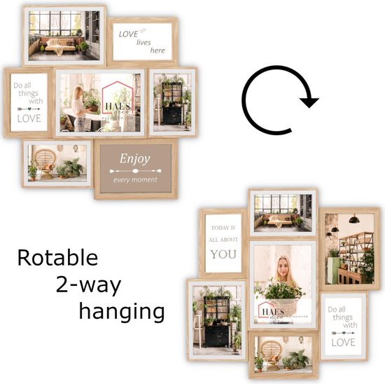 HAES DECO - Cadre Multi photo en bois / Galerie Fevik aux couleurs marron et blanc pour 4 photos 10x15, 2 photos 13x18 et 1 photo 15x20 (format 46x47,5) - MP127