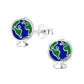 Joy|S - Zilveren wereldbol oorbellen - globe oorknoppen - groen blauw