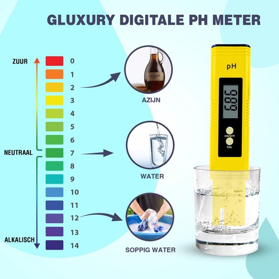 Gluxury digitale PH meter 2023 - PH meter digitaal - Zuurstofgraad meten - 2 Batterijen - NL Gebruikshandleiding – PH test – Inc 3 kalibratiepoeders – Inc 2 batterijen – TDS Meter – Voor Zwembad, Aquarium, Drinkwater - Gluxury