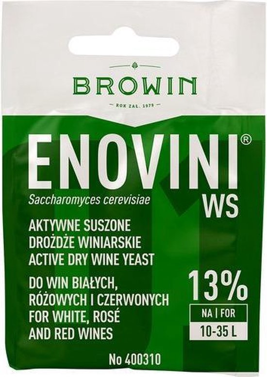 Avant d'un sachet de levure sèche Enovini WS pour vins blancs, rosés et rouges jusqu'à 13%.