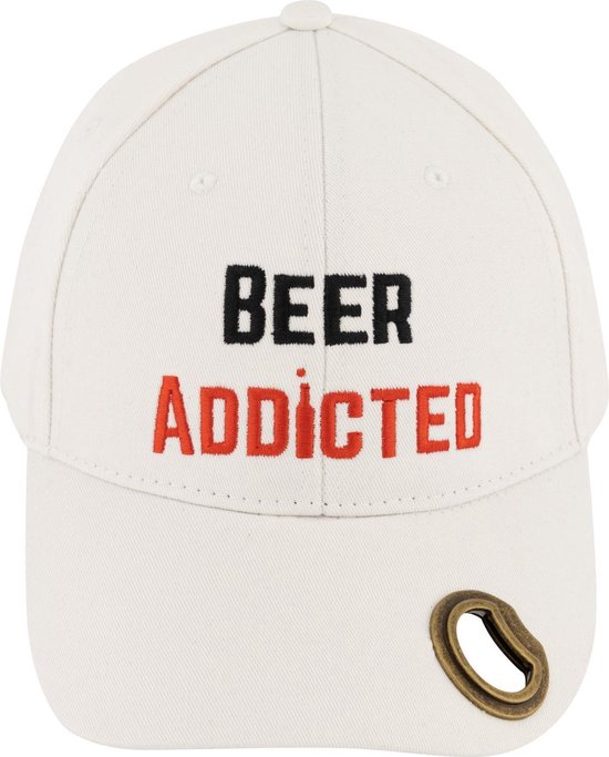 BeerAddicted - witte baseball cap met geintegreerde flesopener - Ideaal voor carnaval, een mancave of een schuurfeest - grappige cap om cadeau te geven aan bierliefhebbers - conversation starter: met deze pet maak je vrienden